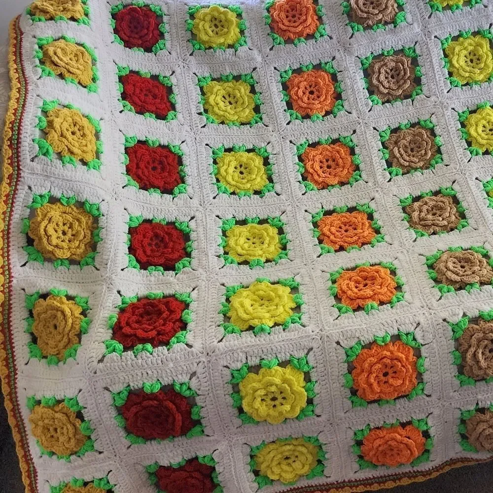 Vintage Crochet Knitted Afghan Throw Blanket Multi Color Granny 3D Flowers 90x60